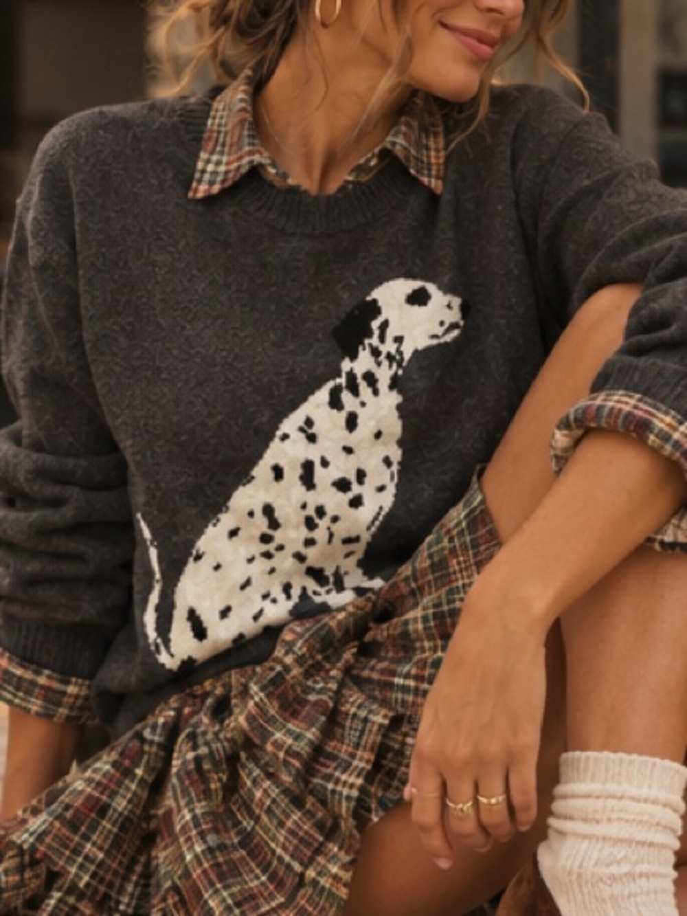 JOE FRESH Dalmation Dog Intarsia Sweater in Charcoal Gray | Size L